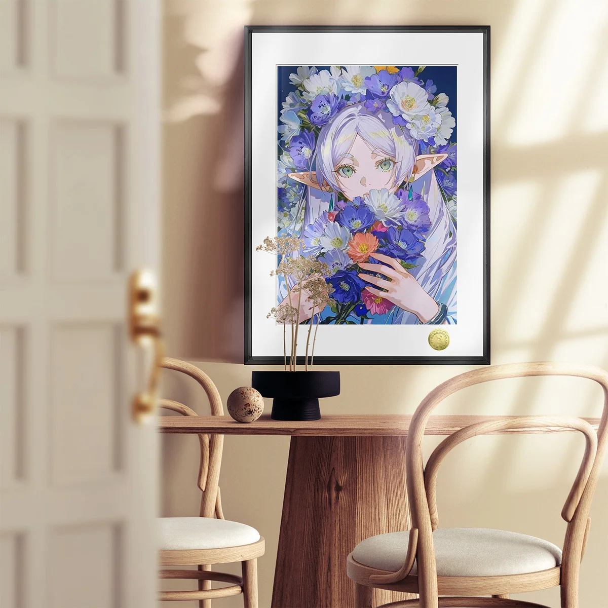 "Close-up view of the limited edition Frieren art print, showcasing the elegant premium frame and intricate details of Frieren amidst blooming flowers."