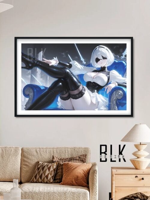 "Close-up of the exquisite Nier Automata 2B decorative painting, revealing the Baroque opulence and vibrant artistic details of 2B on her majestic."