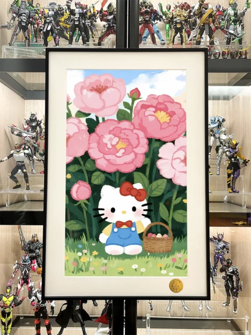 "Premium Floral Kitty Decorative Painting. Hello Kitty in starry florals. Detailed views show elegant frame, intricate collectible art."