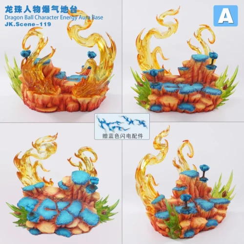 "Premium JacksDo Studio Dragon Ball Ki Base resin statue. Detailed gallery views of its dynamic explosive energy aura and realistic cracked earth base."