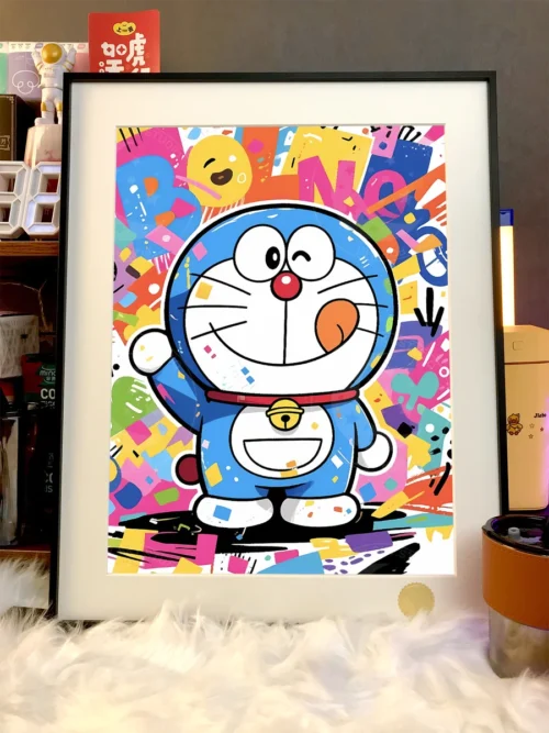 "Detailed views of the premium limited edition Doraemon graffiti art print, showcasing vibrant characters against a cosmic starry sky, highlighting it."