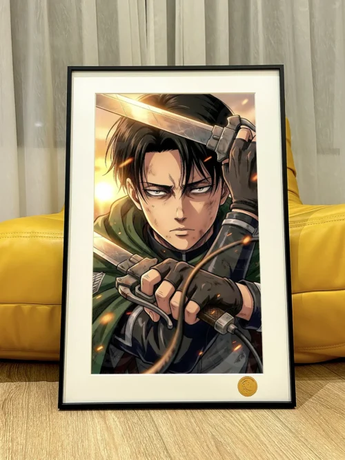 "Limited Edition Levi "Firelight Captain" Attack on Titan print, a dynamic artistic portrayal of Levi Ackerman amidst a fiery glow against."