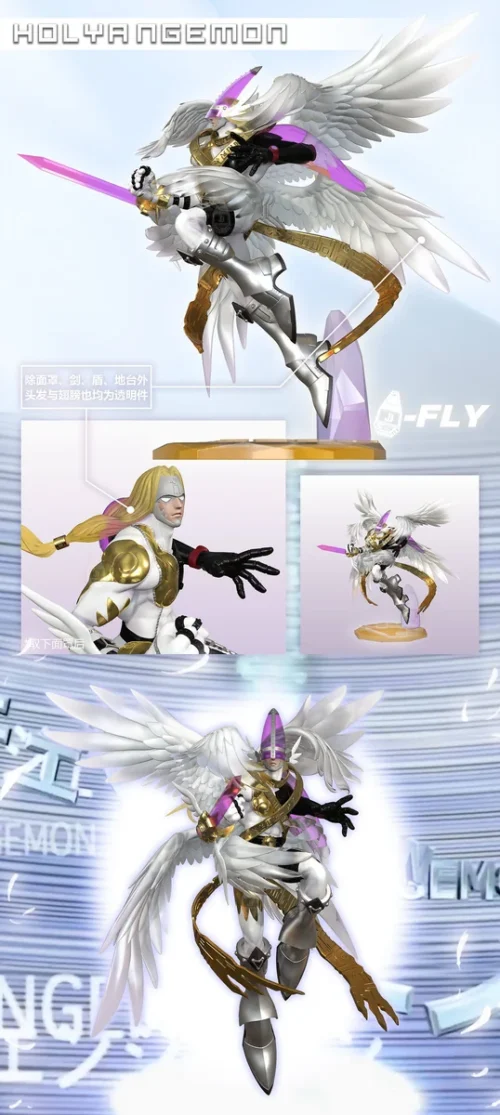 "JBS Studio Holy Angemon Digimon Adventure 01 resin statue. Multiple views display its dynamic angelic pose, premium sculpt details, and divine power."