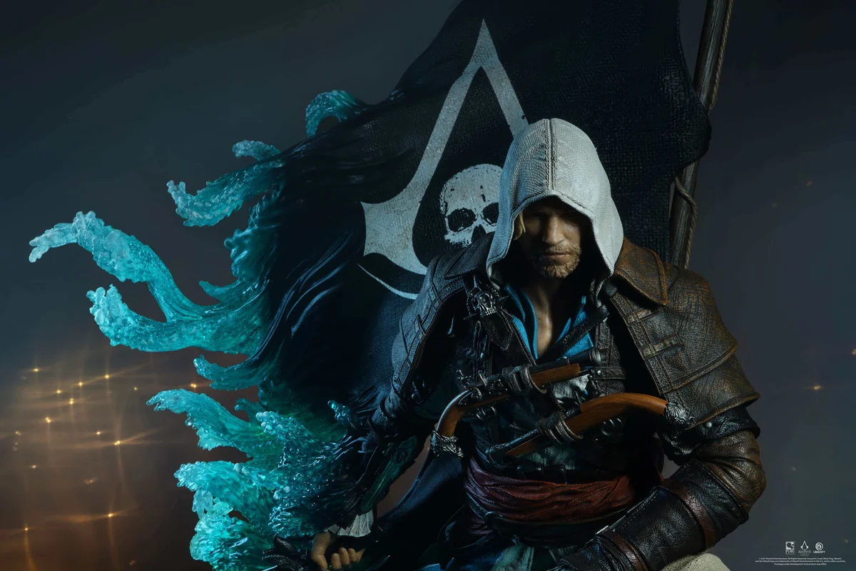 "Official 1/4 scale Assassin's Creed Edward Kenway light-up statue. Dynamic pose, intricate details, and mystical Animus lighting from various angles."