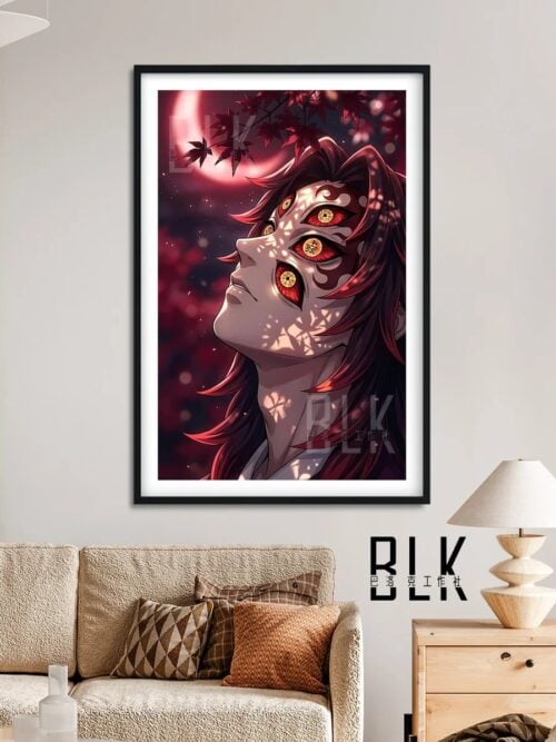 "Detailed shot of the Baroque Kokushibo Demon Slayer painting, revealing its dramatic pose, intricate dark fantasy elements, and vibrant maple leaf."