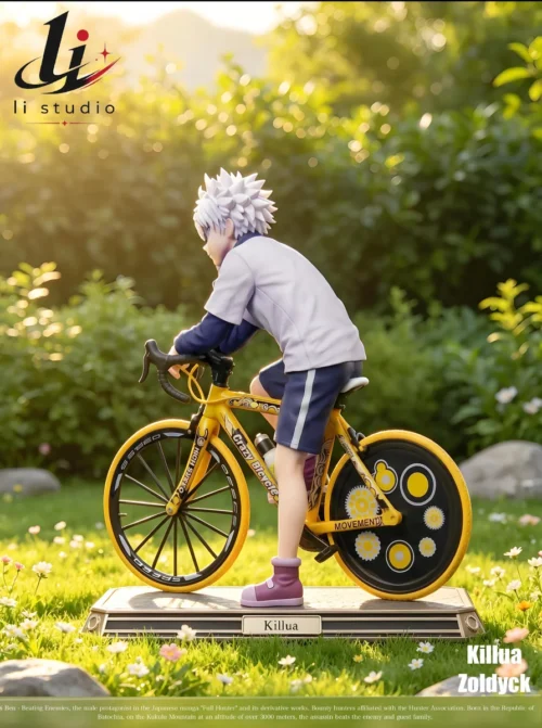 "Dynamic 1/6 Killua Zoldyck figure on detailed alloy bicycle, showcasing intricate sculpt details and premium finish from multiple angles."