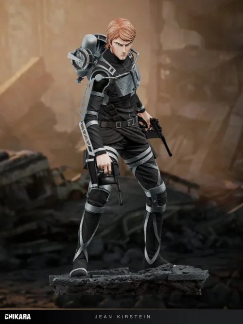 "Dynamic limited edition 1/6 Jean Kirstein AOT statue by CHIKARA Studio. Multiple angles reveal detailed uniform and intricate rubble base."