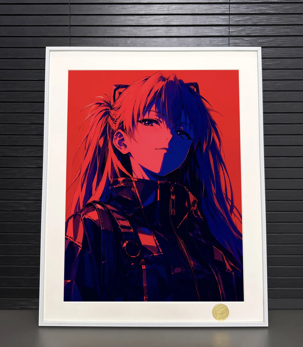 "Limited Edition Cyber Asuka art print gallery, revealing intricate cyberpunk details, futuristic neon glow, and dark aesthetic from various angles."