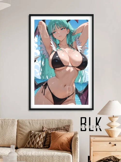 "Close-up views of the exquisite Darkstalkers Morrigan Baroque swimsuit decorative painting, showcasing its vibrant gothic elegance and artistic detail."
