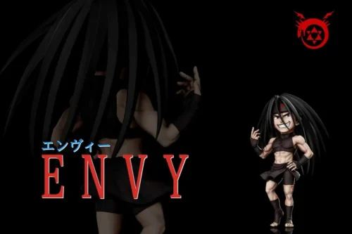 "Premium Envy Fullmetal Alchemist statue, meticulously detailed, capturing his sinister, shapeshifting essence in a dynamic pose."