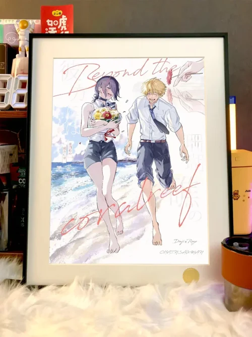 "Detailed view of the premium Limited Edition Chainsaw Man Reze Denji Art Print, highlighting the romantic starry beach date scene's vibrant colors."