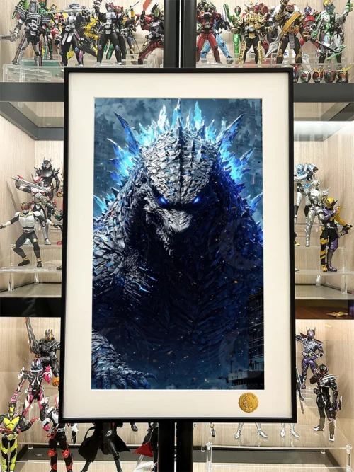 "Limited edition Starry Sky Godzilla King of Monsters art print. Dynamic Kaiju artwork shows vibrant cosmic colors and detailed sculpting."
