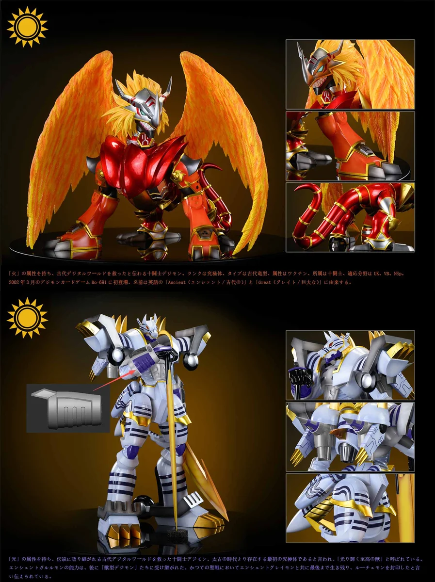 "Premium large-scale AncientGreymon and AncientGarurumon Digimon resin statue showcasing their dynamic ultimate power in an epic battle pose."