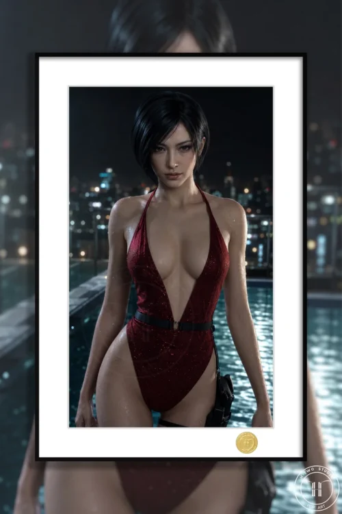 "Exclusive H-Two Studio limited edition Ada Wong swimsuit art print, a premium framed decorative painting of the Resident Evil 4 character."