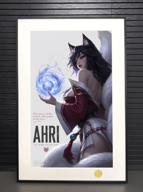 "Limited Edition Premium Ahri League of Legends Art Print. Dynamic, ethereal nine-tailed Ahri in sleek black aluminum frame, highlighting details."
