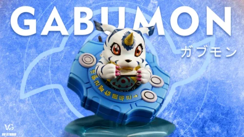 "Adorable chibi Gabumon figure showcasing an integrated Digivice, a limited edition Digimon Adventure statue that captures classic charm."