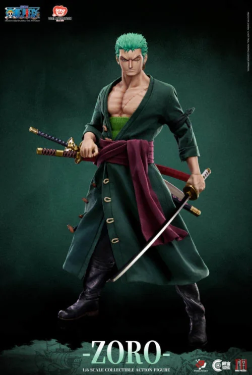 "Stunning main image: 1/6 Roronoa Zoro Platinum Silicone articulated figure from One Piece, dynamically posed for battle with incredible detail."