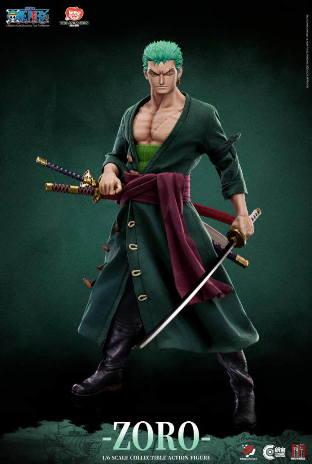 "Stunning main image: 1/6 Roronoa Zoro Platinum Silicone articulated figure from One Piece, dynamically posed for battle with incredible detail."