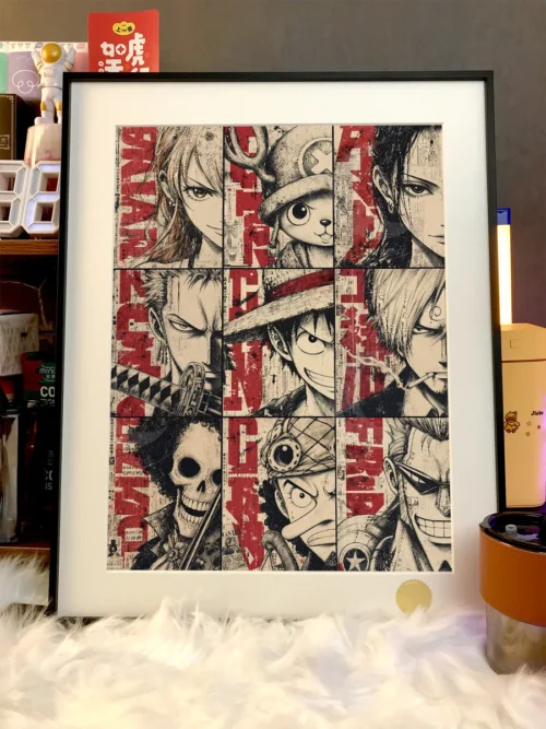 "Premium framed One Piece art print: Celestial Line Art Straw Hat Pirates. Intricate line details and cosmic background are showcased in this limited."