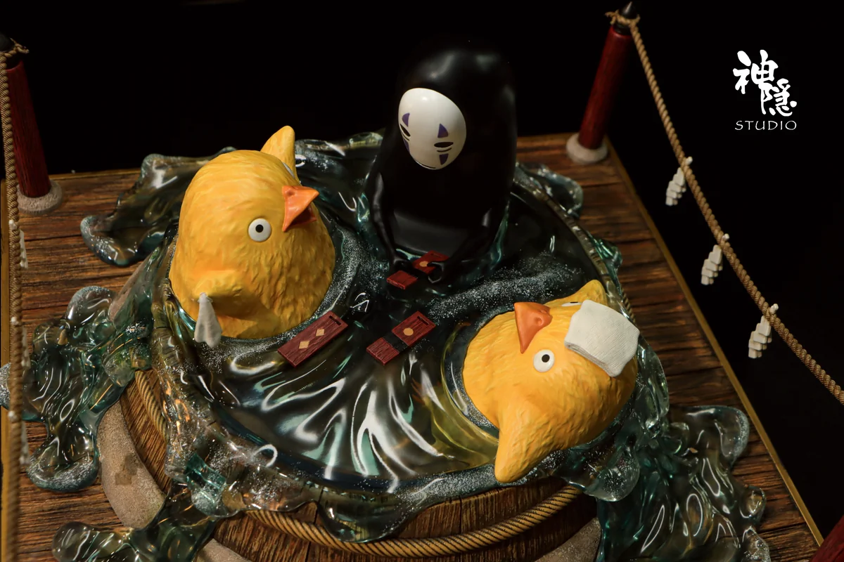 "Serene No-Face & Radish Spirit Bathhouse Diorama, a Spirited Away resin statue. Multiple angles reveal intricate details and peaceful bathhouse scene."