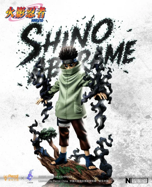 "Official Naruto Licensed 1/6 Shino Aburame resin statue in a dynamic action pose, commanding his insects on a dark thematic base, embodying shinobi."