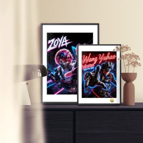 "Limited edition premium framed Cyberpunk art print featuring Zoya, the neon dragon female doctor, by Huang Gua Studio. Dynamic and artistic."
