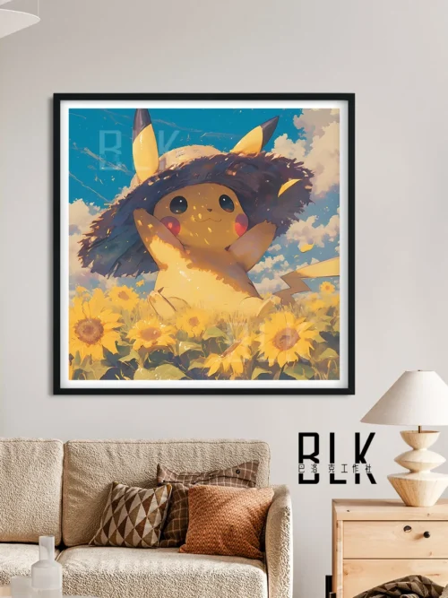 "Close-up of the exquisite Baroque Sunflower Pikachu decorative wall art, revealing intricate artistic details and vibrant colors of Pikachu amidst."