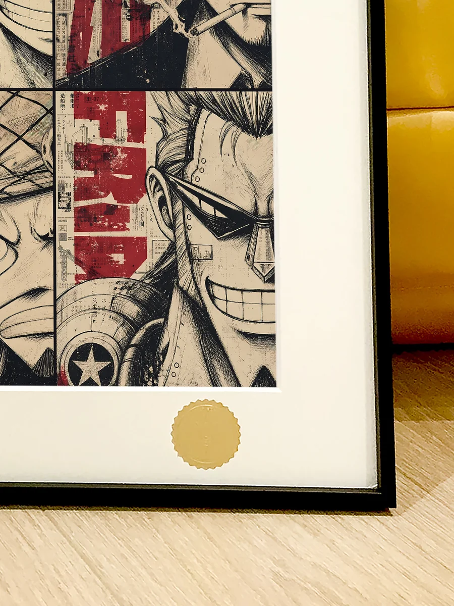 "Close-up detail of the premium framed Celestial Line Art One Piece painting, highlighting intricate Straw Hat Pirates and cosmic starry background."