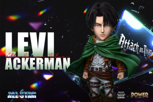 "Dynamic chibi Levi Ackerman figure from Attack on Titan by YZ x Power Studio, showcasing him in his iconic Survey Corps uniform mid-action."
