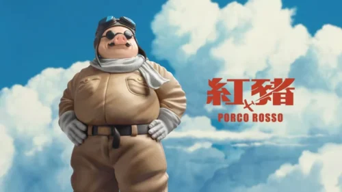 "Limited Edition Porco Rosso Resin Statue by Longmiao Studio. Multiple views highlight iconic Ghibli pilot details and intricate sculpting."