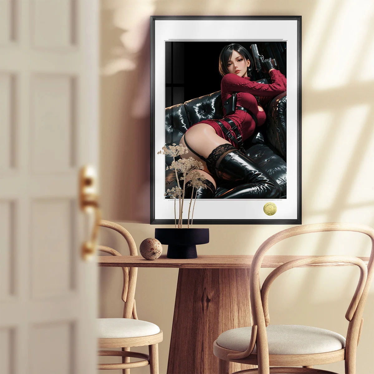 "Dynamic close-up of the limited edition Ada Wong Femme Fatale painting, revealing intricate artistic details and vibrant illustrative style."