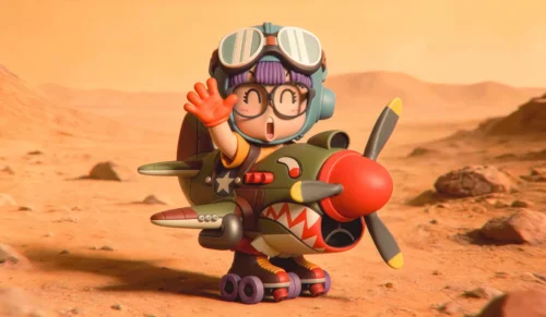 "WCF Scale Arale figure from Dr. Slump by TOR-Studios, depicting the iconic character in a fun, playful airplane pilot pose, full of whimsical charm."