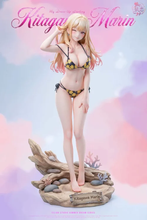 "Exclusive 1/6 Marin Kitagawa My Dress-Up Darling beach statue. Limited edition figure: Marin in a playful swimsuit with surfboard and shark."
