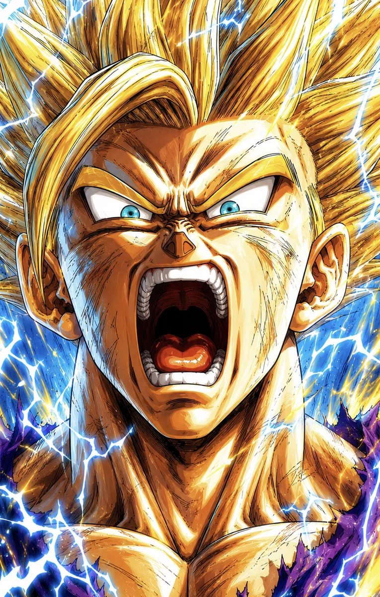 "Premium H-TWO Studio Super Saiyan Gohan Dragon Ball painting. This limited edition framed art showcases dynamic details and sleek modern design."