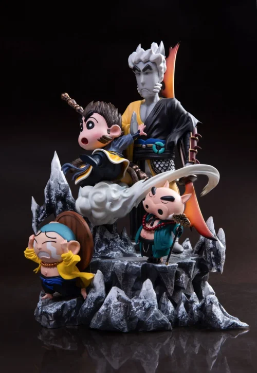 "Limited Crayon Shin-chan Journey to West crossover resin figure. Playful chibi Shin-chan cosplays iconic heroes with dynamic poses and intricate."