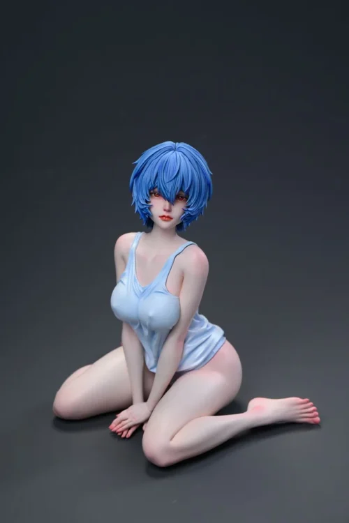 "A dynamic Ayanami Rei 1/4 scale statue in her iconic plugsuit, showcasing stunning dual head sculpts and a futuristic base. Premium Evangelion."
