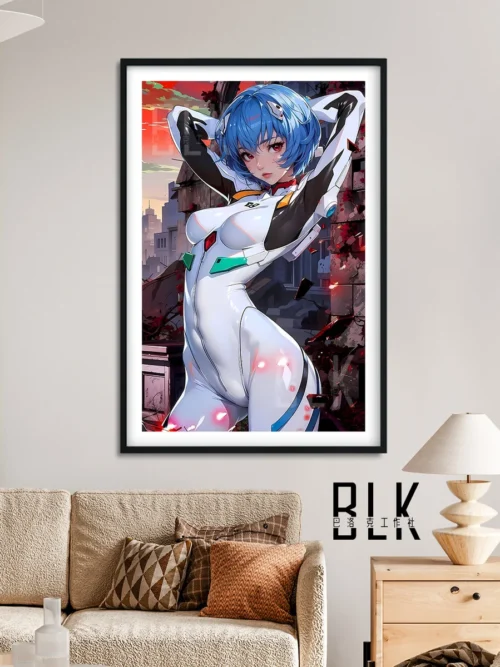 "Baroque Battlefield Rei Ayanami decorative painting. Gallery shows stunning artistic details, premium frame, and dynamic composition."