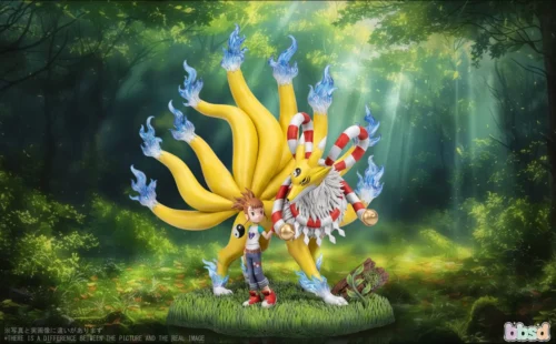 "Exclusive Limited Edition Renamon & Rika Digimon Tamers statue. Dynamic sculpt of both characters in a vibrant, ecological setting."