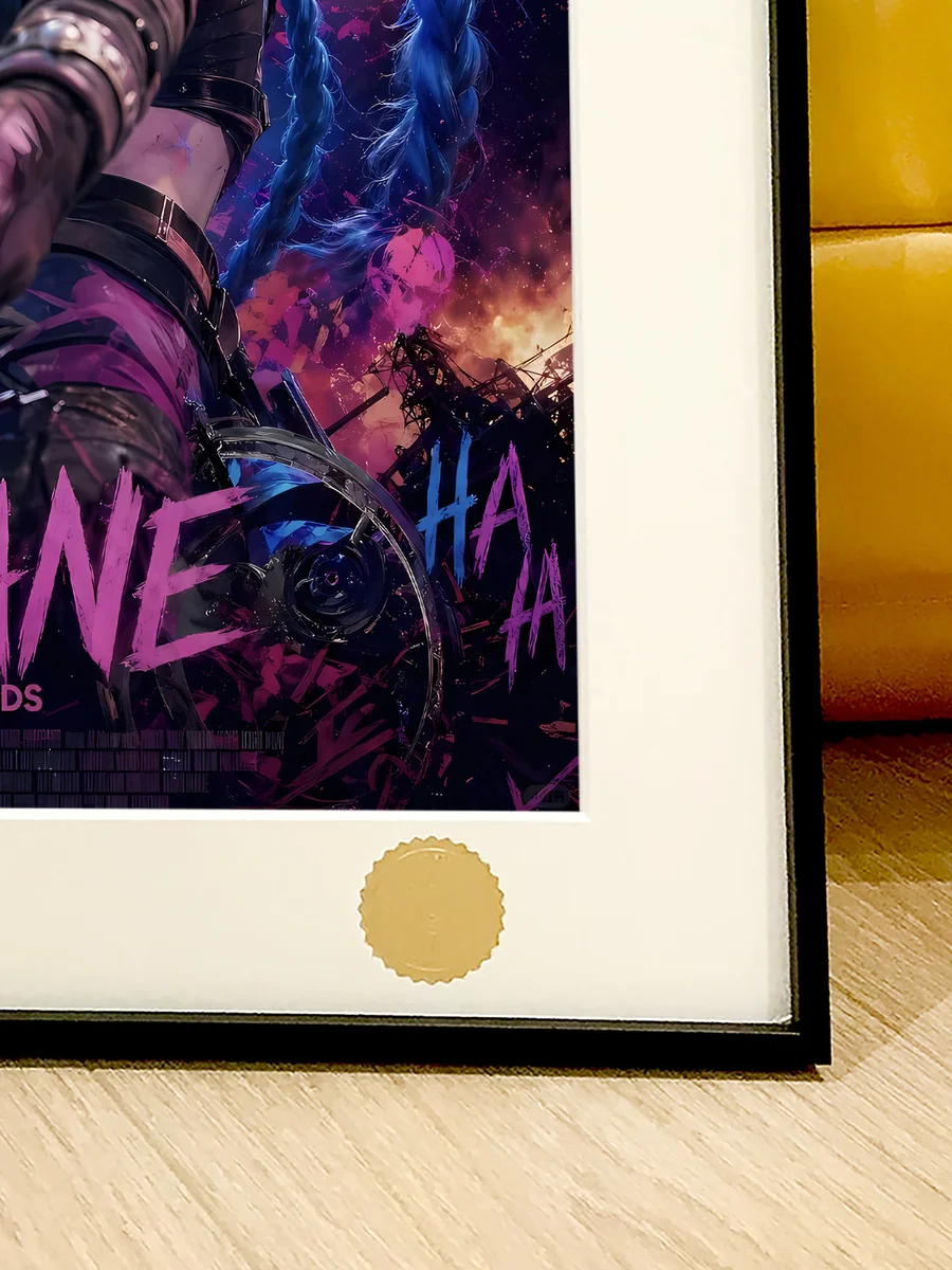 "Exclusive, hand-numbered League of Legends Jinx decorative painting. Dynamic Jinx in vibrant cosmic starry night. Examine fine art details."