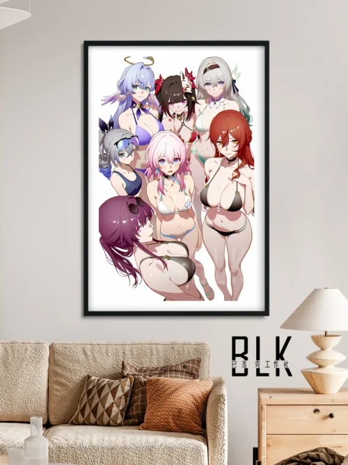 "Vibrant Honkai Star Rail swimsuit girls group decorative painting showcases dynamic poses and intricate artistic details, presented as premium Honkai