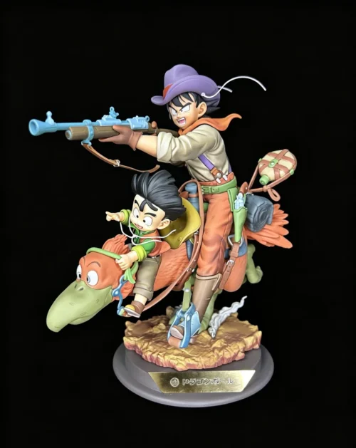 "Dynamic angle of Goku & Gohan Sniper 2.0 Dragon Ball figure, showcasing Goku's unique sniper pose and Gohan's playful bird ride."