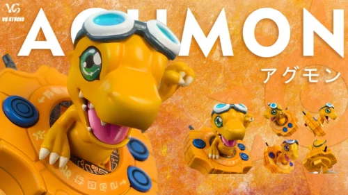 "Charming, super-deformed Agumon figure holding a Digivice, capturing playful Digimon nostalgia. This limited edition Agumon statue is a must-have."