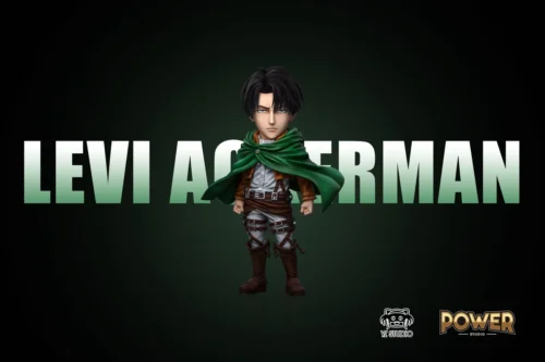 "A dynamic chibi Levi Ackerman figure from Attack on Titan, expertly sculpted. This image showcases the intricate details of his iconic Survey Corps."