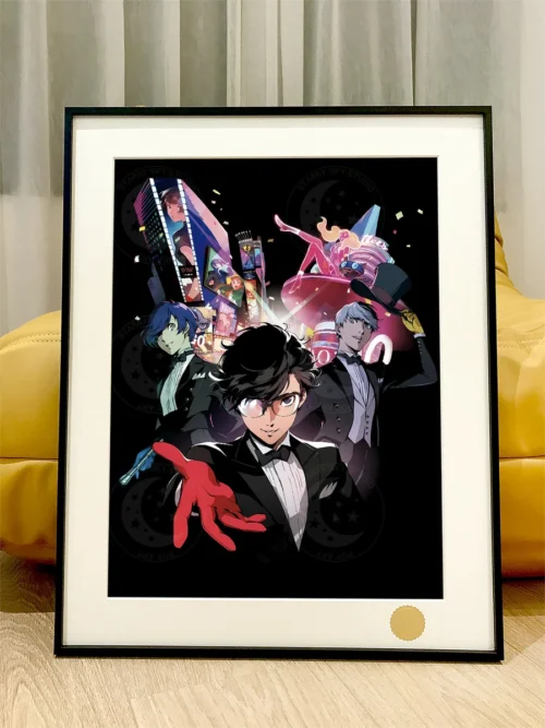 "Limited edition Persona 5 Dinner Party art print showing elegant characters in formal attire against a starry backdrop."