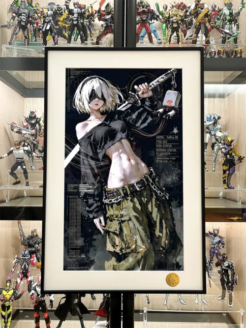 "Nier Automata 2B Print: Detailed look at the premium, hand-numbered art. Features 2B's dynamic pose, vibrant starry galaxy by Xingkong Studio."