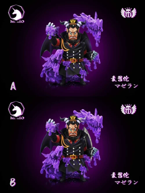 "Dynamic Magellan One Piece figure by MDS Studio, vividly capturing his striking toxic abilities with swirling purple and green powers."