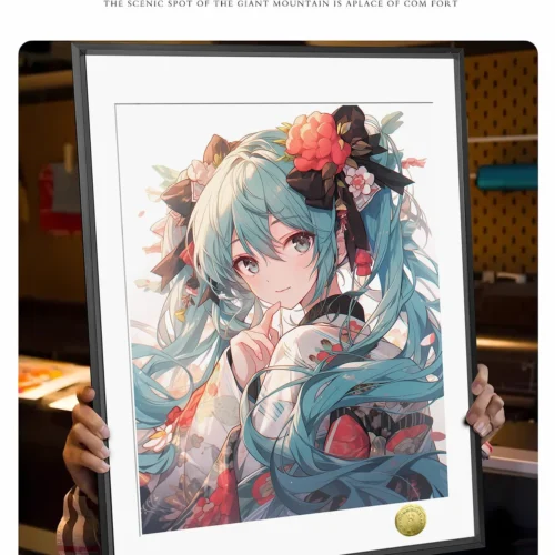 "Limited edition Hatsune Miku kimono painting. Close-ups show vibrant colors, intricate patterns, and Miku's cute artistic expression."