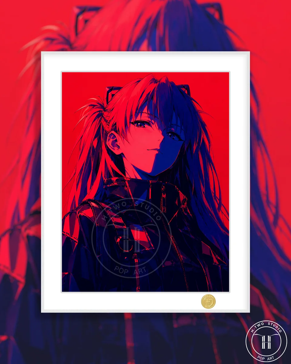 "Stunning Limited Edition Cyberpunk Asuka decorative painting, an H-TWO Studio art print with futuristic neon accents and intricate digital details."
