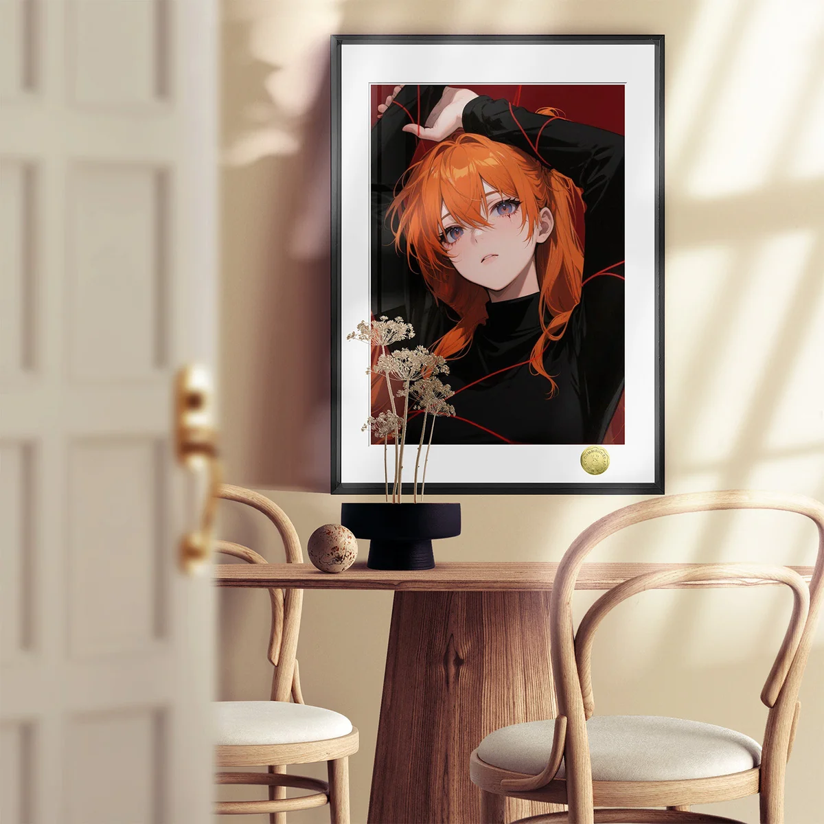 "Limited Edition, Hand-Numbered Asuka Art Print detail. Serene Neon Genesis Evangelion decorative painting with elegant frame and refined details."