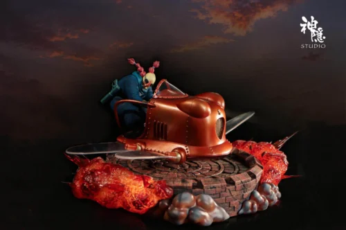 "Premium Dora's Flapter 'Expedition in Flames' resin statue from Castle in the Sky, featuring dynamic aerial combat, vibrant LED lighting, and magnet."